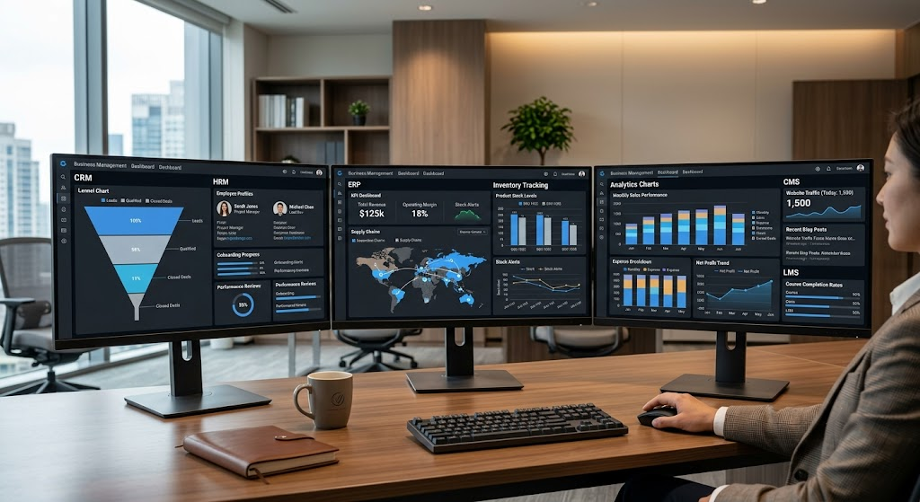 CRM ERP HRM LMS CMS and business management system dashboard